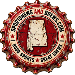 Weathered crimson bottle cap with a cream outline of the state of Alabama, ringed by "Sports News And Brews" and "Good Sports Great Brews"
