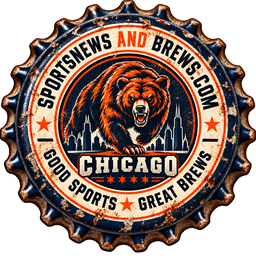 Navy and orange bottle cap with a charging bear over the Chicago skyline and the word "Chicago"