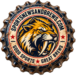 Gold and navy bottle cap with a snarling sabertooth cat illustration, ringed by "Sports News And Brews"