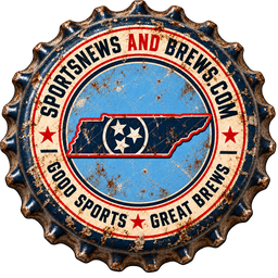 Navy and light blue bottle cap showing a Tennessee state outline with three white stars, ringed by "Sports News And Brews"